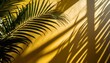 minimalist abstract background featuring a blurred shadow cast by palm leaves on a vibrant yellow wall, yellow background wallpaper texture