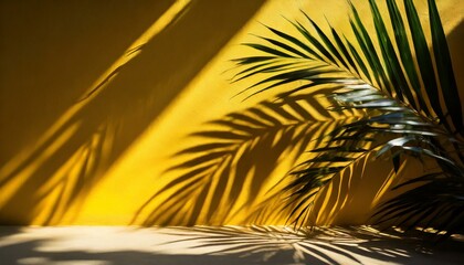 Wall Mural - minimalist abstract background featuring a blurred shadow cast by palm leaves on a vibrant yellow wall, yellow background wallpaper texture