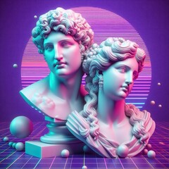 Men and women, classic antique bust faces in neon colours. Couple lovers in vaporwave style. Template surreal poster, cover, sticker, postcard.