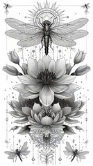 Wall Mural - dragonfly and flowers on black and white