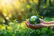 Hands protecting a small globe representing environmental care and global responsibility
