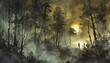 Craft a horrifying scene on an aerial view of a haunted forest at night using watercolor Incorporate eerie fog and sinister shadows to enhance the thrill factor