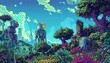 Illustrate a utopian garden with advanced robotic caretakers in a pixel art style Focus on the contrast between nature and technology in a vibrant and detailed composition