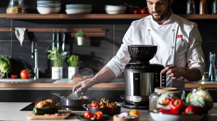 Wall Mural - Chef preparing a meal with the assistance of a smart kitchen appliance