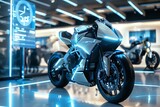 Fototapeta  - A generic modern speed motorbike displayed in a showroom or garage with data infographics on turbo or electric engines