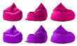 2 Collection set of magenta purple pink plain beanbag bean bag seat chair, front side view on transparent cutout, PNG file. Many angle. Mockup template for design
