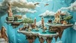 Craft a clay sculpture of a whimsical kitchen where kitchenware transforms into whimsical creatures, set under an unexpected sky full of floating islands captured in a dramatic high-angle view