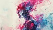 Explore the intersection of human emotion and advanced robotics in a long shot showcasing a cyborg enveloped in a haze of watercolor splashes Blend psychological depth with futuristic elements in a ca