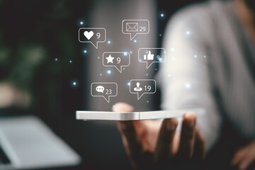 She used love icon to share her message on social media, showcasing her affection through heartfelt post in marketing strategy aimed to engage broader audience. comment phone, social media concept.