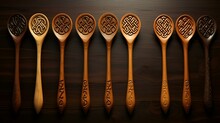 Different Types Of Tea And Herbs In Vintage Wood Spoons,
