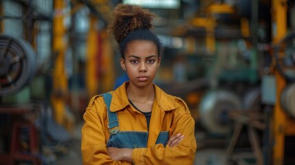 A mixed-race female worker posing confidently in a factory workshop while crossing her arms