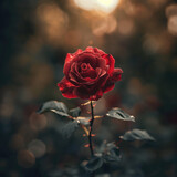 Fototapeta Kwiaty - Beautiful lone rose in a dark nature backdrop like a meadow
