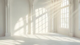 Fototapeta Sport - A large, empty room with a window that lets in sunlight. The room is white and has a very clean, minimalist look. The sunlight streaming in through the window creates a warm, inviting atmosphere