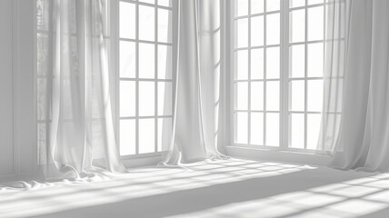 Wall Mural - A room with white curtains and white walls. The curtains are open, letting in the sunlight. The room is empty, with no furniture or decorations