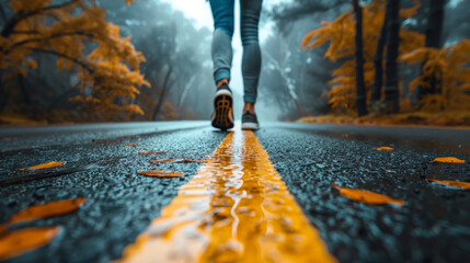 Wall Mural - A person is walking on a road with leaves on the ground