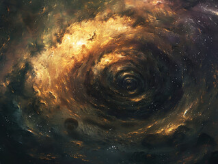 Wall Mural - a swirling galaxy with a large hole in the middle. the hole is surrounded by a bright yellow cloud