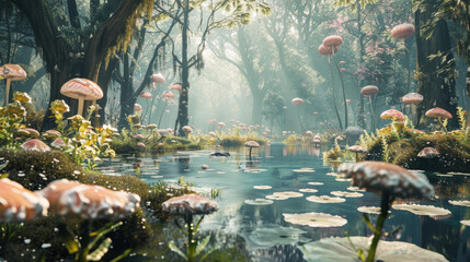 Poster - A forest scene with a pond full of pink flowers and mushrooms