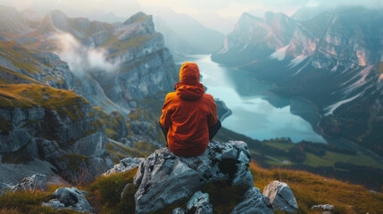 Canvas Print - A man in an orange jacket sits on a rock overlooking a lake. The scene is peaceful and serene, with the man taking in the beautiful view