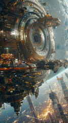 Wall Mural - a large space station with many buildings and a planet in the background