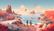 Illustrate a whirlwind travel adventure through iconic landmarks from a birds-eye view, integrating elements of love stories unfolding in each location Utilize pixel art style to bring a playful and v