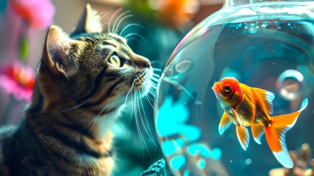 Curious Tabby Cat Observing a Vibrant Goldfish in a Bowl. Domestic Feline Interaction With Aquarium Pet. Whimsical Animal Encounter Captured in Vivid Colors. Playful Household Scene. AI