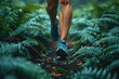 A runner's legs and feet blur as they speed through a dense, green forest