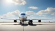 {A photorealistic image of airplanes lined up on a runway, ready for flight and symbolizing journeys to far-off places. The scene is set at an airport, with clear blue skies and fluffy white clouds in