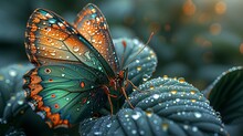 Serene Hyperrealistic Butterfly Wings On Emerald Leaves With Diamond Dewdrops In Sunlight
