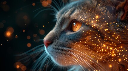 Enchanting Fantasy Cat in Lemon Green and Cherry Red with Cosmic Gold Patterns and Swirling Quantum Dots