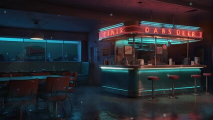 Poster - Step into the inviting atmosphere of a chic café bar room adorned with twinkling lights during the night, creating a delightful ambiance in this mesmerizing 4K looping video