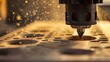 Close-up view of CNC machine at work, cutting metal with precision. Sparks fly as the drill shapes the material. Industrial equipment in action. AI