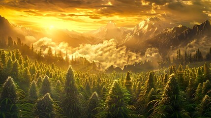 Wall Mural - Breathtaking sunrise over a dense pine forest. Majestic mountains and golden skies offer a tranquil scene. Ideal for nature themes and tranquil backdrops. Vivid, serene, and picturesque landscape. AI