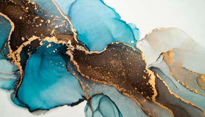  Art Abstract alcohol ink and watercolor painting blots horizontal background. Alcohol ink brown, blue and gold colors. Marble texture.