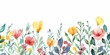 Seamless horizontal frame border banner with multicolored watercolor wildflowers and leaves isolated on white background