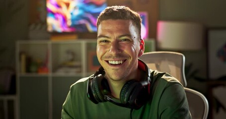 Aufkleber - Happy man, face and gamer at night by desk, reflection and neon screen for live streaming to play. Person, excited and portrait with headphones or console and confident for online competition in home