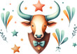 A cute cartoon bull wearing a blue bow tie with some stars and plants around it.