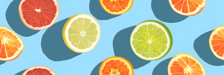 Sticker - Flat lay pattern with summer citrus fruit on blue background. Minimal concept with sharp shadows. Trendy social mockup or wallpaper.
