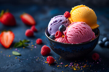 Wall Mural - Creative food concept. Scoop balls of colourful gelato sorbet ice cream in black bowl on dark concrete background with scattered raspberry blueberries strawberry fruits. copy text space