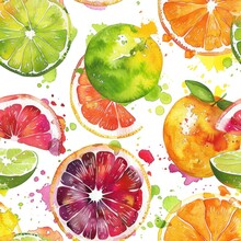 Seamless Pattern Of Watercolor Citrus Fruits Splashes Of Vibrant Colors Blending Effortlessly. A Zesty