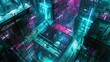 Capture a high-angle view of a cyberpunk-inspired retreat for SciFi authors Imagine neon lights, futuristic architecture, and drones hovering above