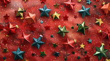Colored Stars Confetti On Red Color Paper Background, Background Consisting Of Small Bright Stars On Paper Background, Colorful Bright Background, Multi-colored Stars,  Sweet Nice Background 