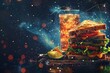 This advanced 3D digital notion depicts an enigmatic image of a sandwich drinks oriented like the night sky or space, with wireframe light links and space, Generative AI.