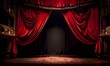 Dive into the lavish elegance of an old world theater, vibrant crimson velvet curtains draw back to unveil a grand stage bathed in atmospheric lighting. Deep velvet curtains are parted and layer upon 