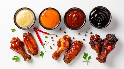 Wall Mural - Generative AI : Air fryer chicken wings glazed with hot chilli sauce and served with different sauces. 