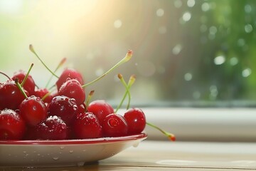 Wall Mural - Generative AI : Cherries with water drops in a plate on wooden table.