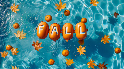 Fall season background with swimming pool water with fall word written with orange inflatable pool floats on blue water and autumn leaves