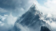 High mountain peak piercing through clouds, climber in red reaching the summit, panoramic view of surrounding peaks