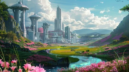 Wall Mural - Future city images, spring background, colorful flowers, and river, futuristic landscape city background, High tech building, 