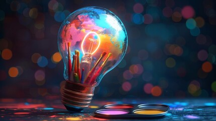Wall Mural - Creativity and Design: A 3D vector illustration of a lightbulb with a palette and paint tubes inside