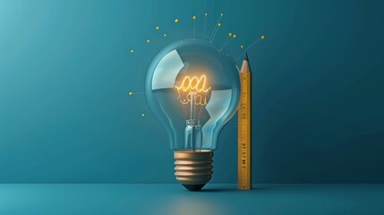 Wall Mural - Creativity and Design: A 3D vector illustration of a lightbulb with a pencil and ruler inside